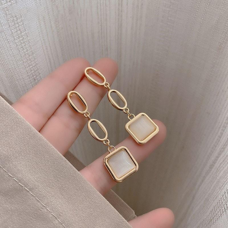 Silver Needle Geometric Cat's Eye Tassel Earrings for Women - Unique Design