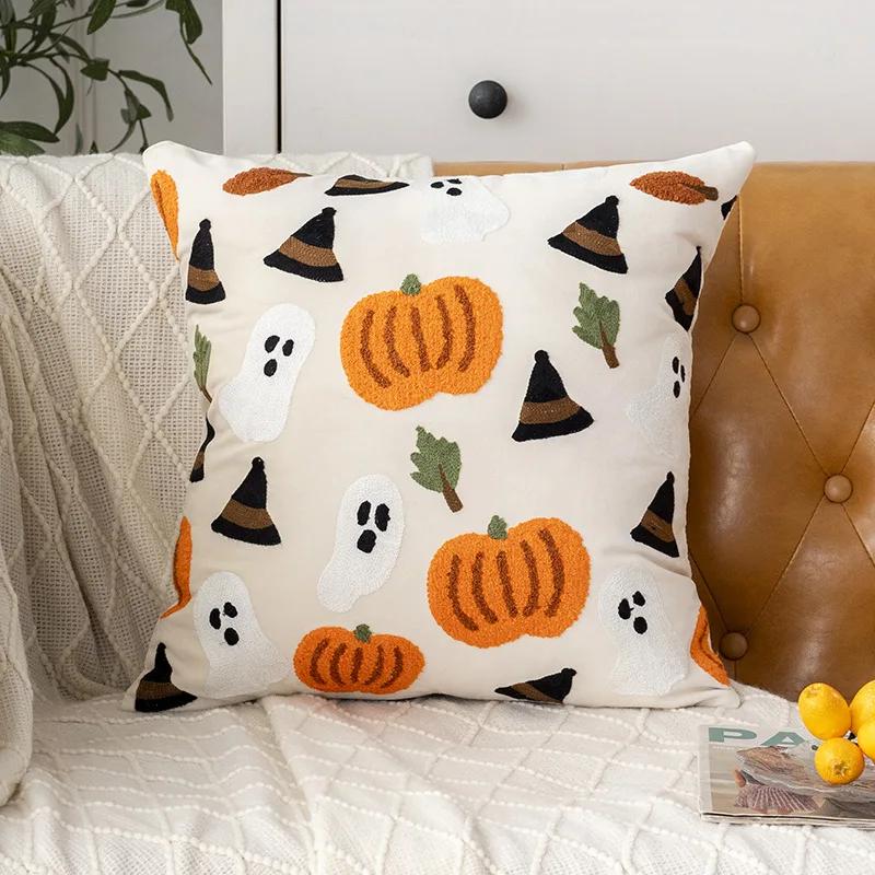 Halloween Plush Cushion Cover Embroidered Halloween Pumpkin Cushion Cover Halloween Decorative Sofa Cushion Covers