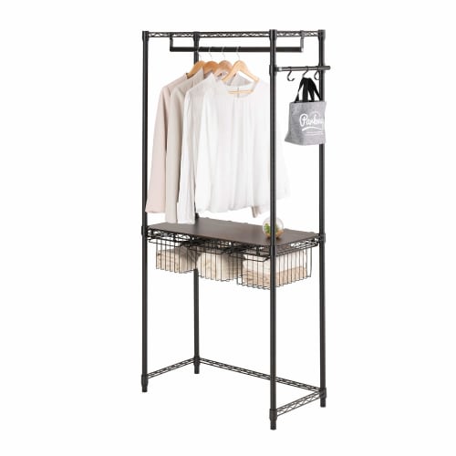 Doshisha Luminous Noir Clothes Rack, Black, 80cm Wide, Casters, Drawers, S-Hooks, Pole, and Seat, Large Capacity Wardrobe Storage, Sturdy, U-Shaped Ba