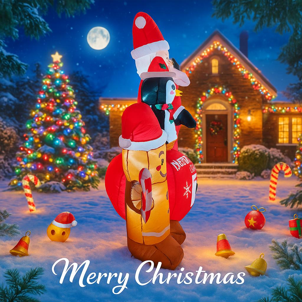 7.2FT LED Inflatable Xmas Yard Decor Santa Penguin Gingerbread Man Set Christma Home Decoration Ornament Toy Gifts Holiday Decor