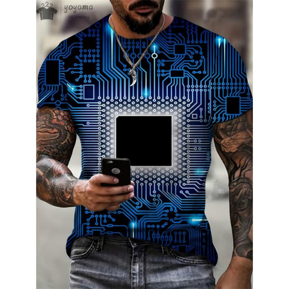 Summer Men Circuit Board Electronic Chip Creative Graphics Fashion Short Sleeve Oversized T-shirt