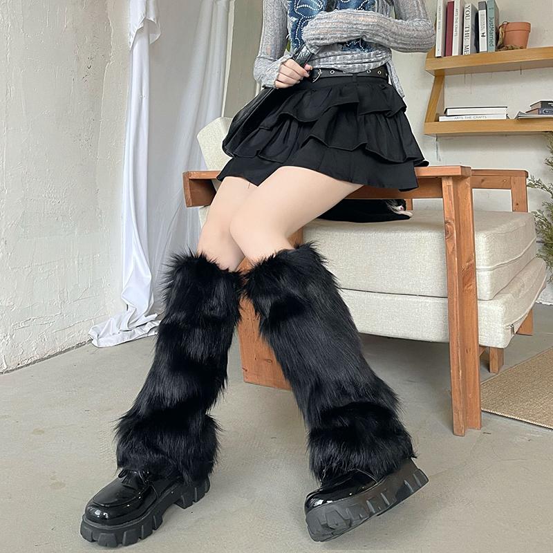 White Black Faux Fur Leg Warmers Boot Covers Goth Solid Leg Socks Punk Jk Knee-Length Hip Hop Hot Girl Fashion Warm Sock Gift