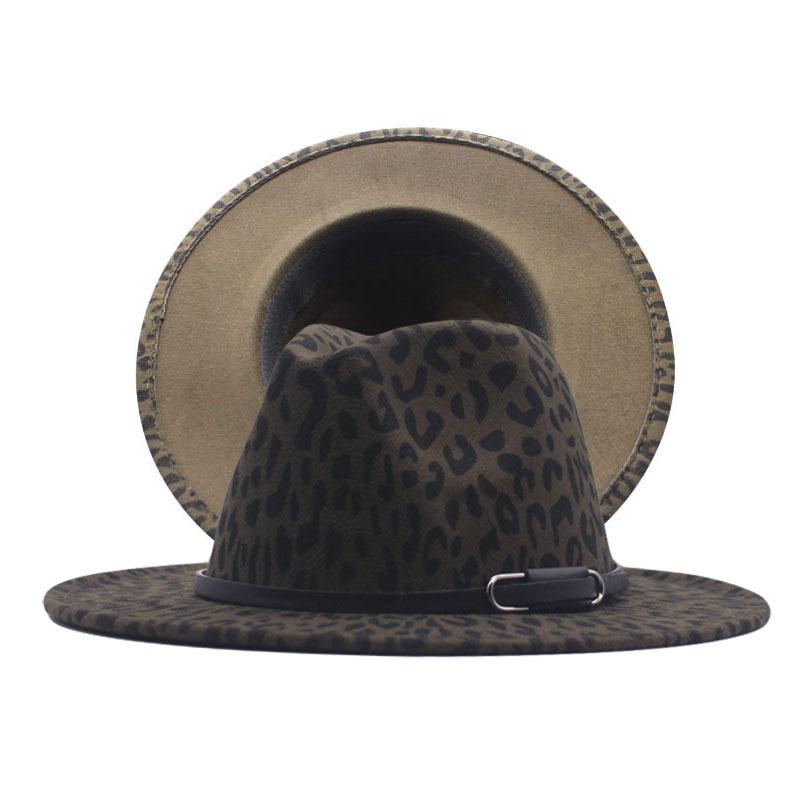 Autumn and winter British style men and women double-sided color matching leopard print woolen jazz hat new fashion belt big eaves hat