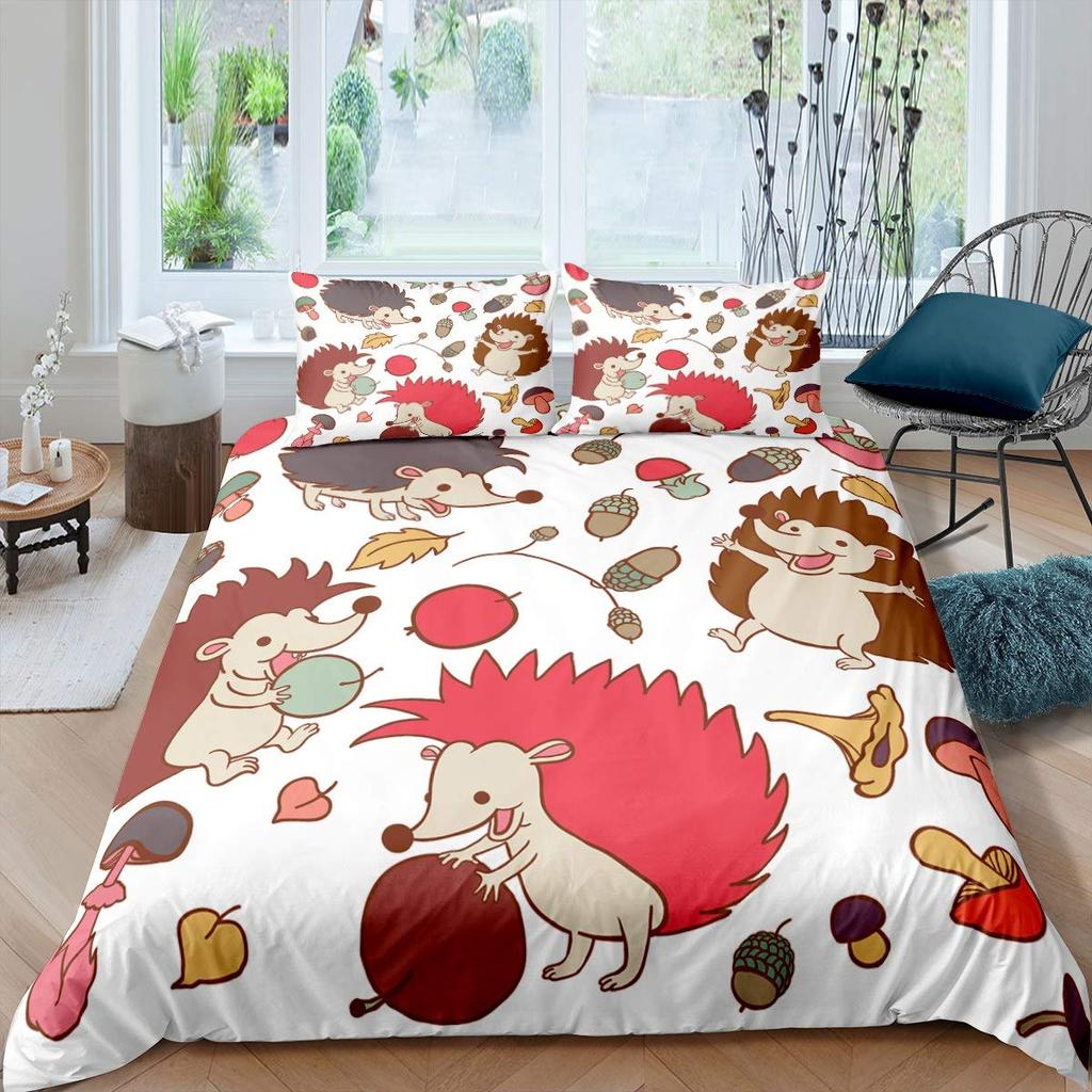 Lovely Hedgehog Duvet Cover Teens Full Runing Animals Bedding Set Modern Field Path Soft Cute Hedgehog Printed 3pcs Bedding Set