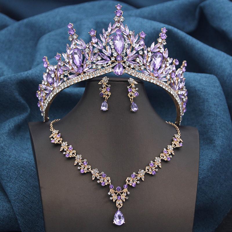 

Luxury Wedding Tiaras Bride Jewelry Sets for Women 3 Pcs Necklace Earrings and Crown Bridal Sets Costume Accessories