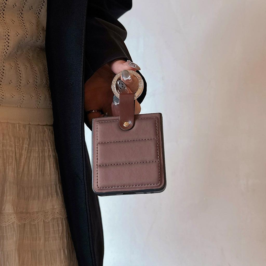 For Samsung Galaxy Z Flip7 5G Case Case Down Jacket Style Rhinestone Decor Ring Holder Leather Coated PC Phone Cover