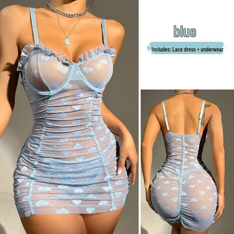 European & American Heart Print Lace-up Mesh Nightgown