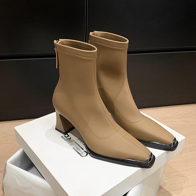 Celebrity style fashion increases height and shows thinness temperament short boots 2025 autumn new square head thick heel rear zipper high heel wom