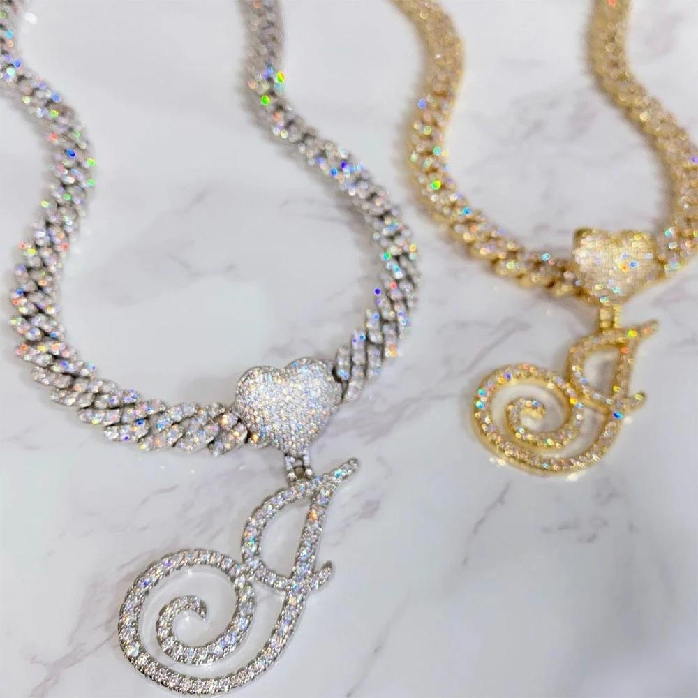 Fashion Hip Hop Jewelry Iced Out CZ Heart Bail Cursive Initial Letters Necklace with 9mm Cuban Link Chain for Drop Shipping