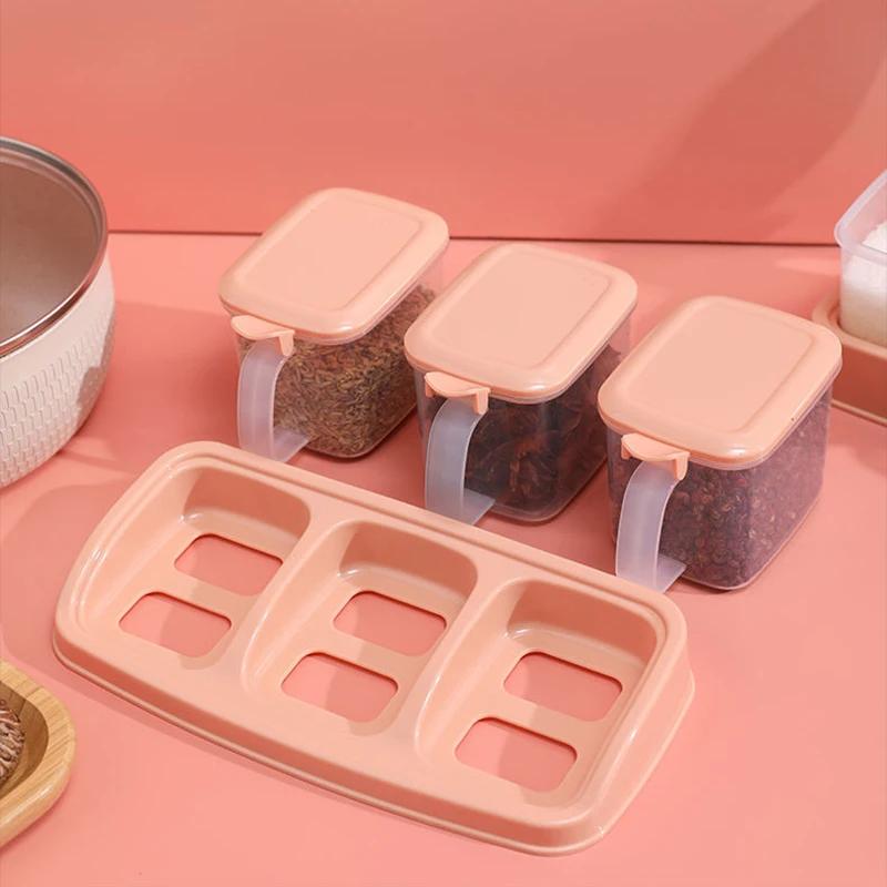 Household Plastic Condiment Box with Lid Moisture Proof Kitchen Portable Seasoning Storage Rack Spice Organizer Transparent Jar