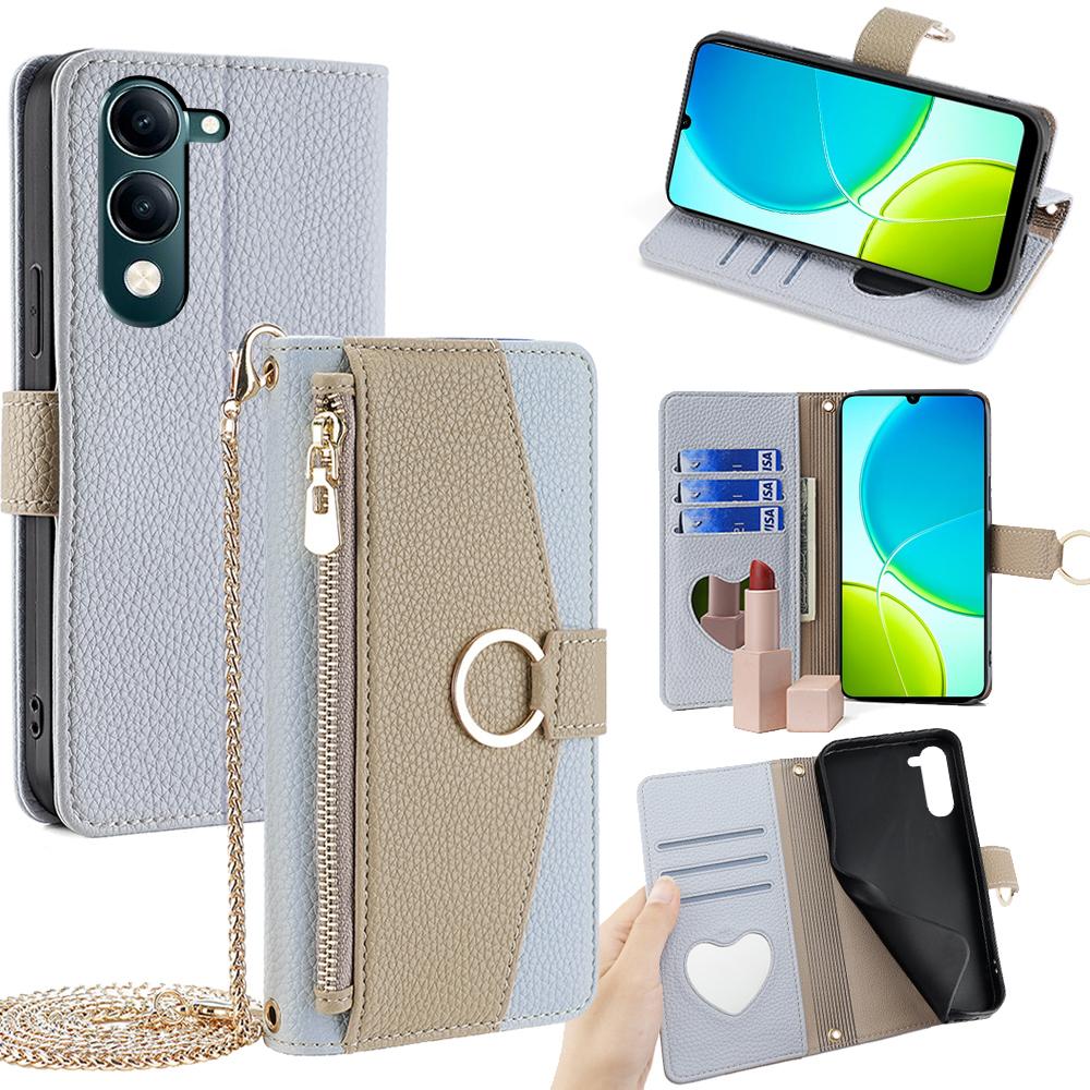 

For vivo Y29s 5G/Y04 4G Case Mirror Wallet Leather Phone Cover with Chain Shoulder Strap Blue
