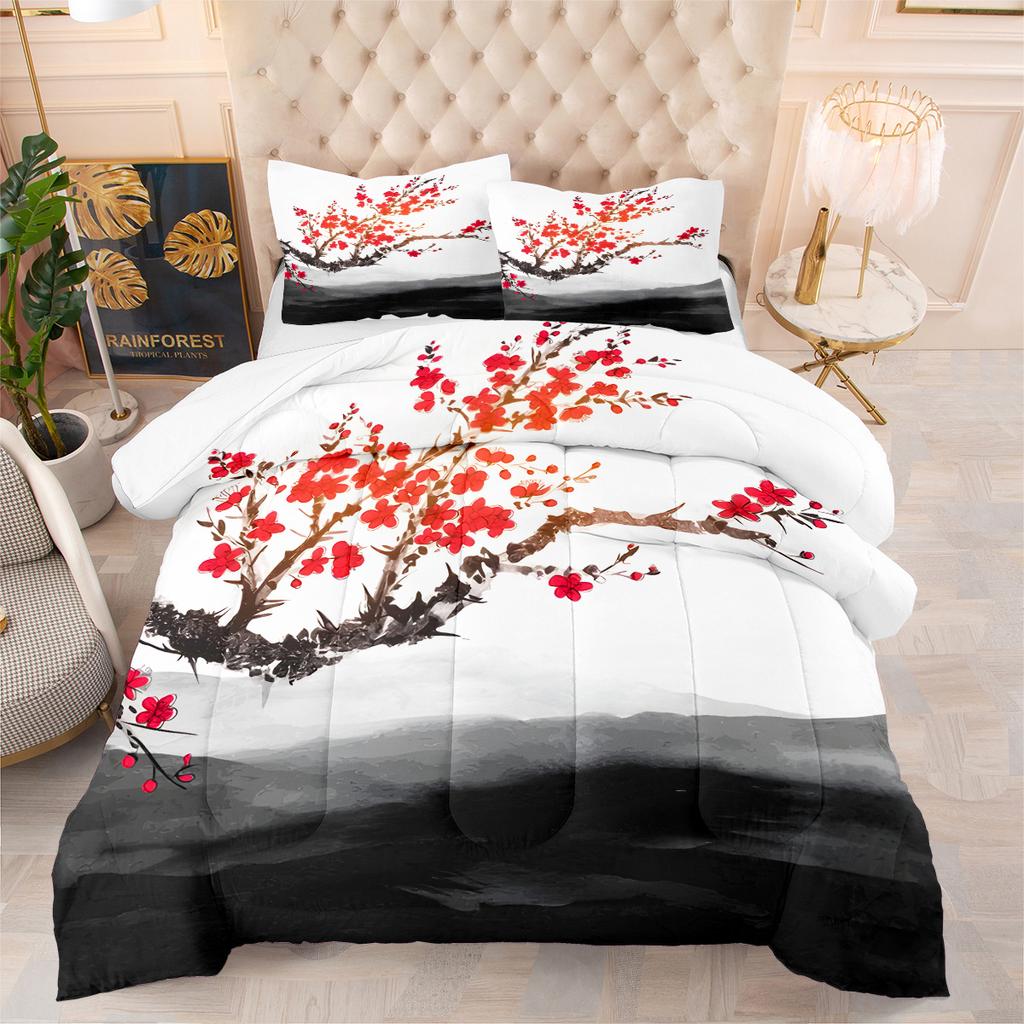 Peach Blossom Landscape Painting Fat Quilt Printing Quilt 3d Printing Bedding Feather Silk Cotton Thickened Quilt Cover Three-piece Set