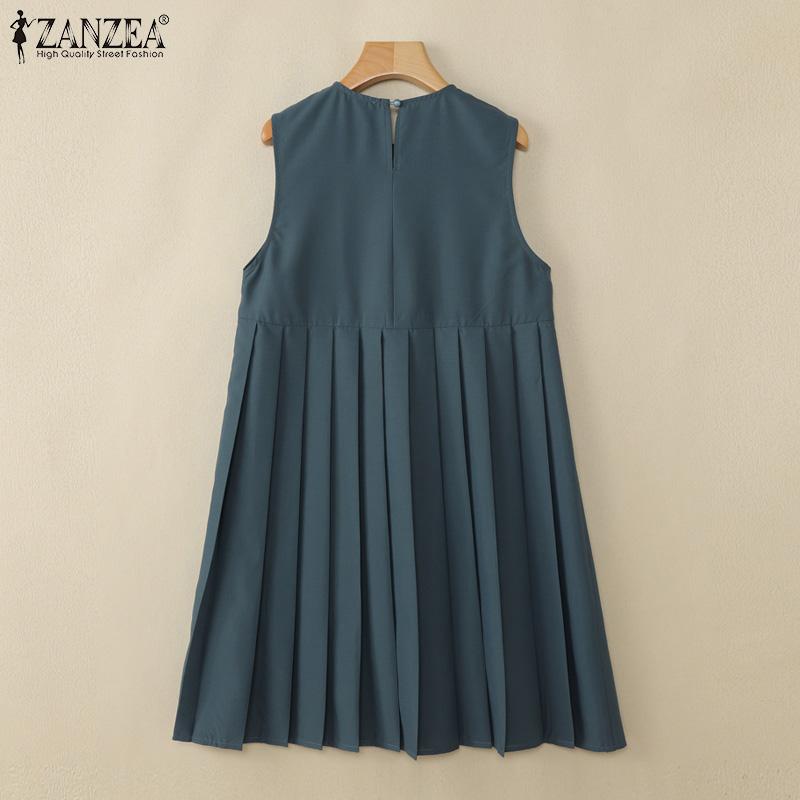 ZANZEA Damska letnia sukienka bez rękawów z okrągłym dekoltem, gładka, luźna