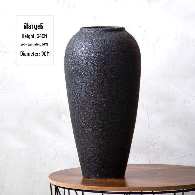 Jingdezhen Black Coarse Pottery Floor Vase: Modern Minimalist Japanese Decor for Hotel, Homestay, or Living Room.