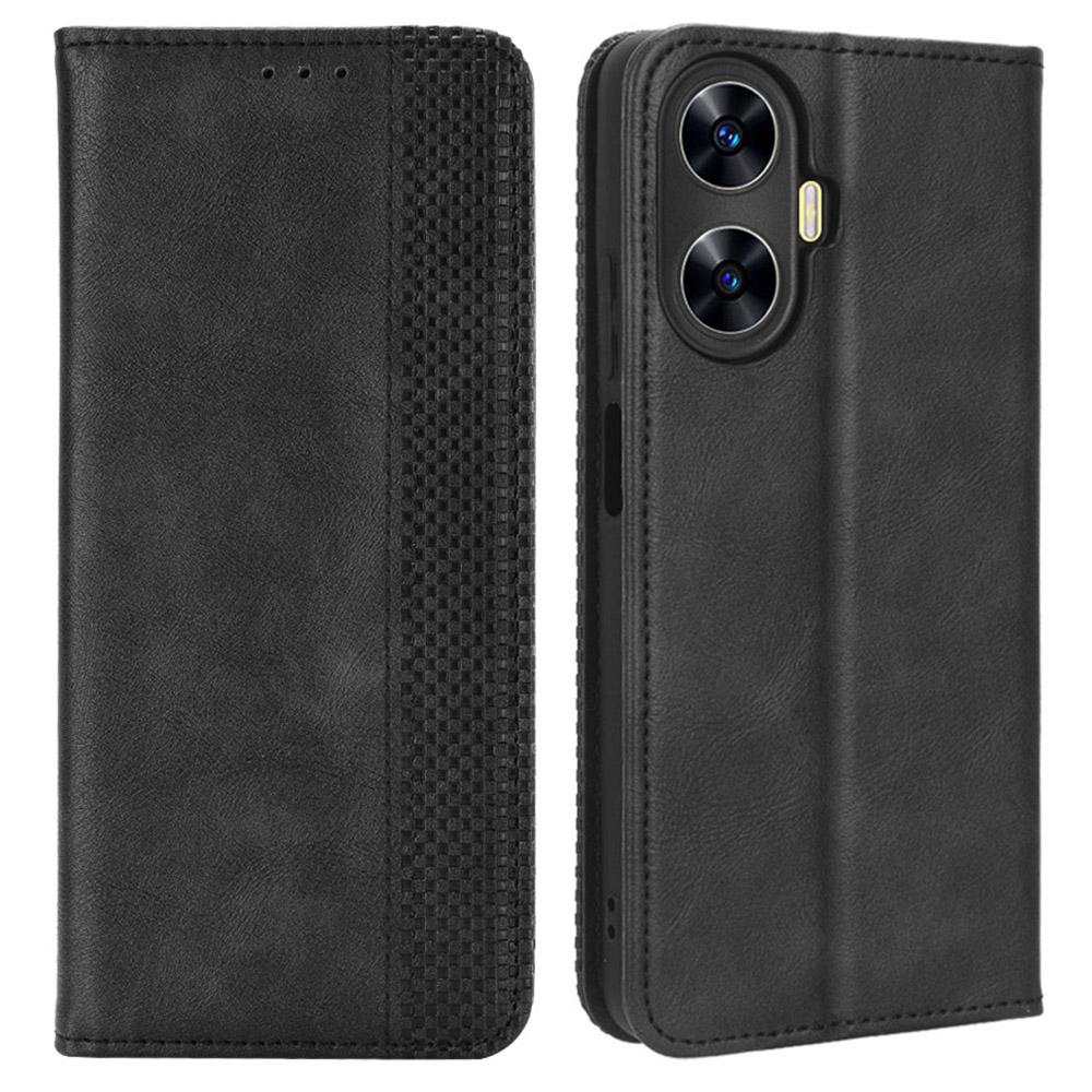 

For Realme C55/Narzo N55 4G Retro Magnetic Absorption Flip Stand Cover PU Leather Wallet Phone Case Black