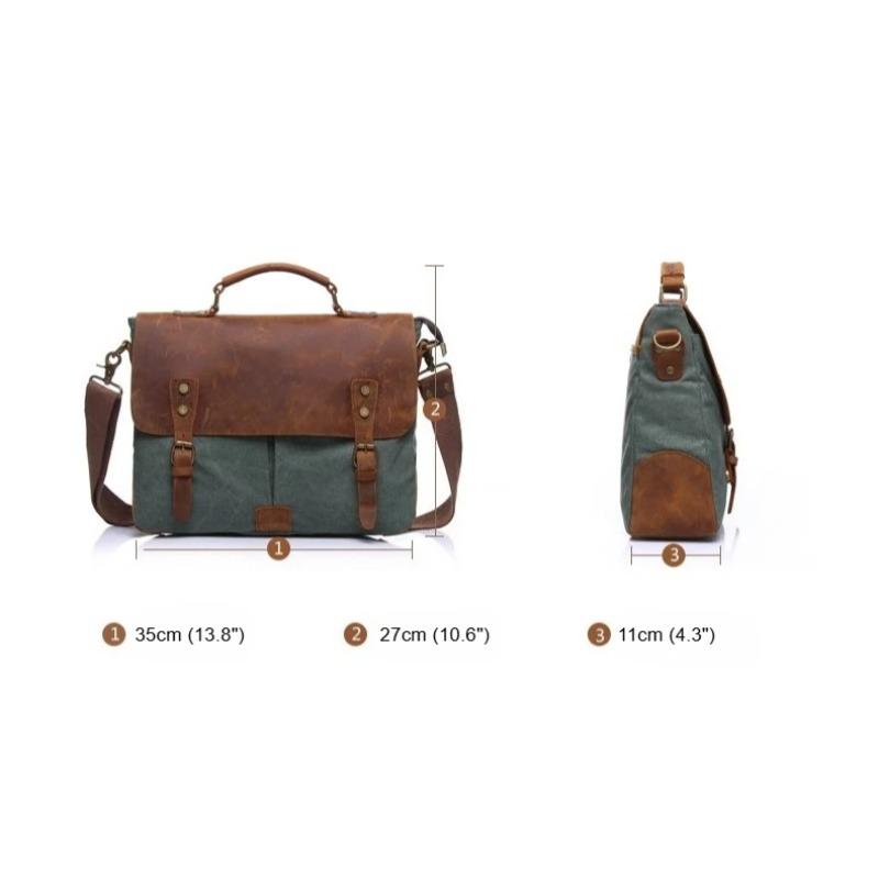 Vintage Leather & Canvas Briefcase for Men, Business Office Portfolio Bag, Document Tote Attache Case