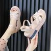 Genuine PU Leather Sandals Women Summer Brand Shoes Retro Hollow Out 7CM High Heels Wedge Set Foot Women Leather Sandals