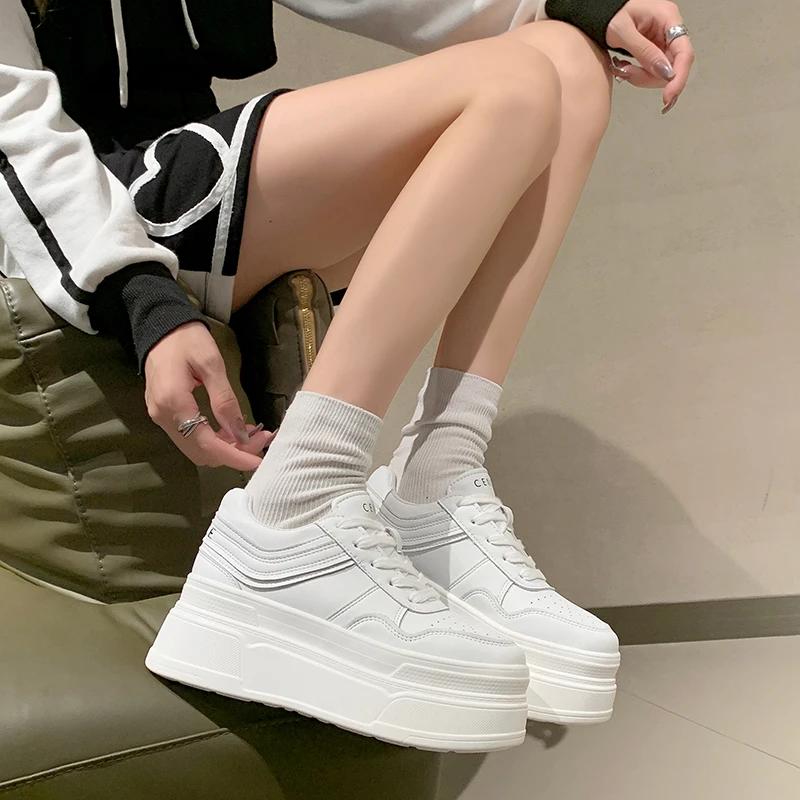 Fashion New 2024 Autumn Women High Platform Shoes 8CM Comfortable Chunky Sneakers Breathable Leather Wedges Casual Sport Dad Shoes Woman