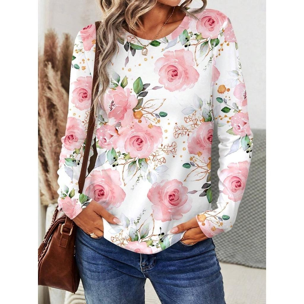 Fashion Women's Flower Graphic O-Neck Long Sleeve T-Shirt Y2k Casual Tops Womens Clothing Harajuku Female Clothing Pullover
