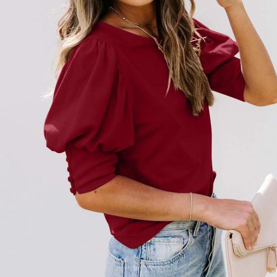 Women Top Round Neck Patchwork Lantern Sleeves Solid Color Loose OL