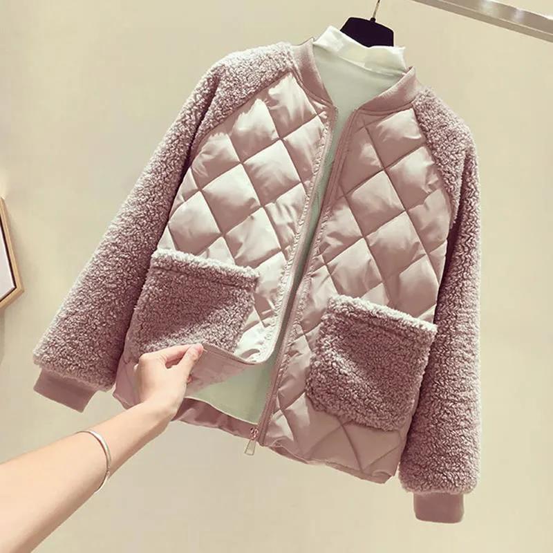 Women's Autumn and Winter Splicing Warm Jacket Solid Color Round Collar Loose Thickened Outerwear