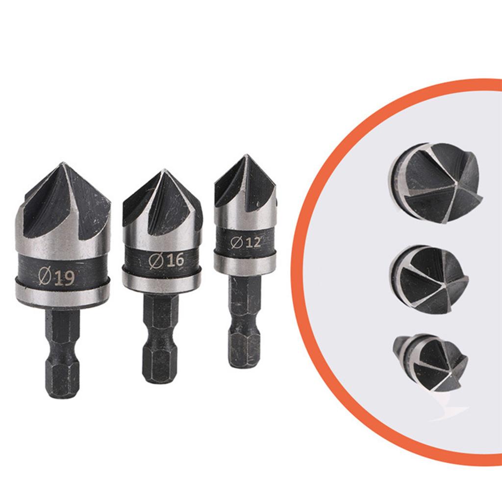 90 Degree Steel 3Pcs Carbon Hexagonal Shank Chamfer Wood Work Hole Drill Bit