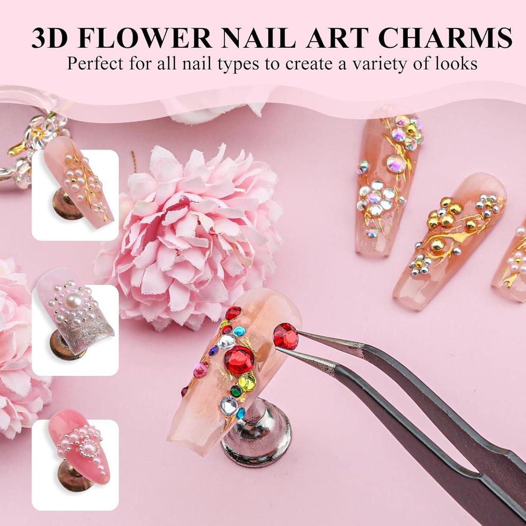 12-Grid Nail Art Set: Glass Rhinestones, Mini Steel Beads, Flat-Bottom Half Pearls for Decoration.