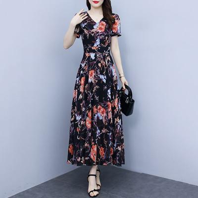 Eisseiden-Kurzarmkleid Neu V-Ausschnitt Floral Langer Rock zur Bauchbedeckung