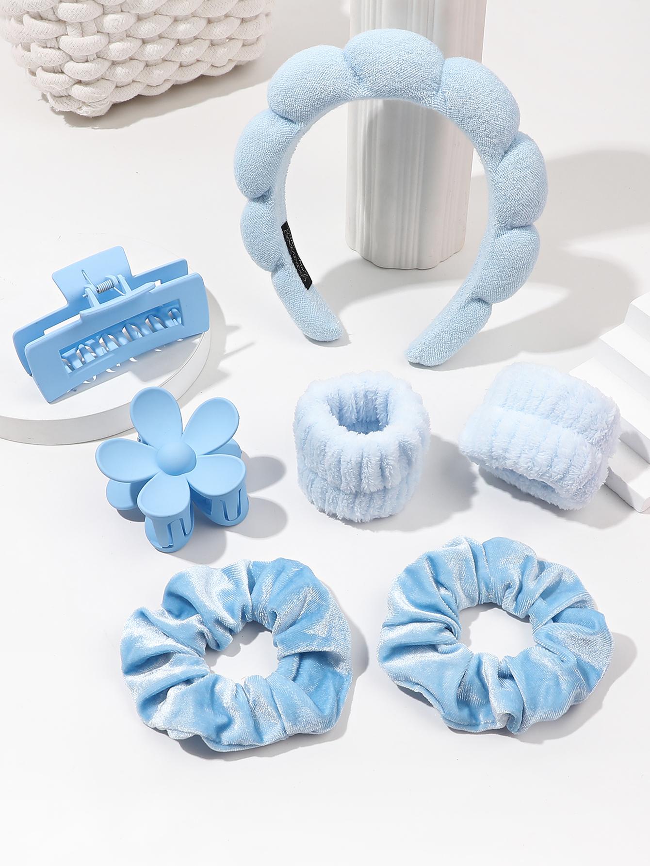 

Спа-повязка на голову и набор наручных повязок для ухода за кожей, повязка на голову для мытья лица, заколки для густых волос, милая пушистая губка, пузырьковый макияж небесно-голубой