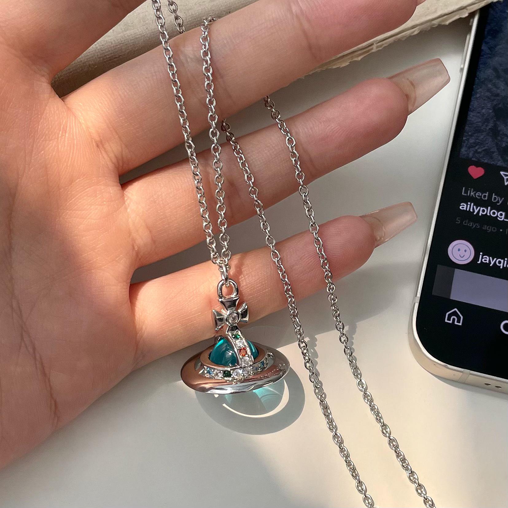 

Ожерелье из стерлингового серебра 925 пробы с планетой Сатурн и цветными бриллиантами - Модный роскошный женский аксессуар 925 Silver