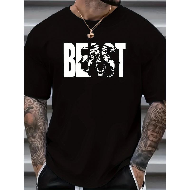 Men Fashion Crew Neck Short Sleeve BEAST Letter Print Cotton T Shirt Top