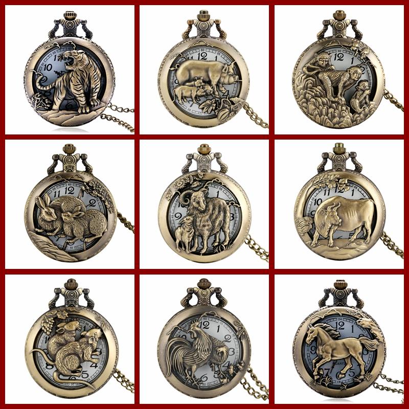 Vintage Chinese Zodiac Quartz Pocket Watch Necklace Pendant Gift Collectible Gifts for Men Women