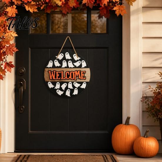 High-quality Halloween Decor Hanging Door Sign, Wooden Front Hanger Wreath, Cute Haunted House Sign Ghost Welcome for Porch Wall Indoor Home