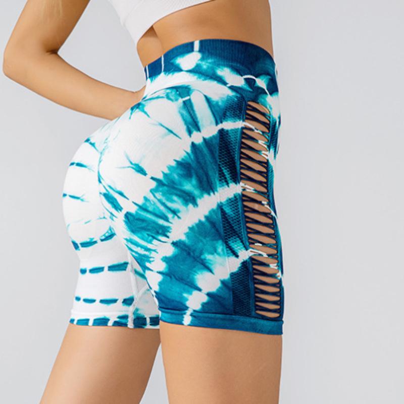 

Бесшовные шорты тай-дай с высокой талией для фитнеса, подъема бедер, тренировок, бега, сексуальные полые колготки для спортзала, йоги, брюки L зелёный