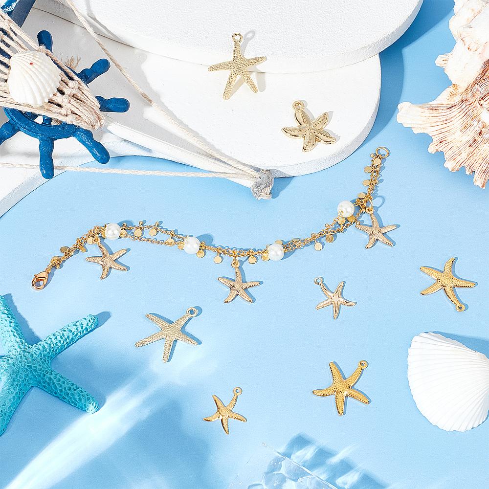50Pcs 5 Style Iron & Alloy & Brass Pendants Starfish/Sea Stars Light Gold 17.5~24x15.5~22x1~3mm 10pcs/style