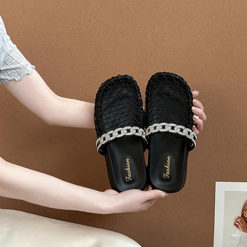 Hollow Rhinestone Baotou Fishing Net Sandals Heavy Industry Baotou Slippers Women's 2025 Summer New Fashion Cool Slippers