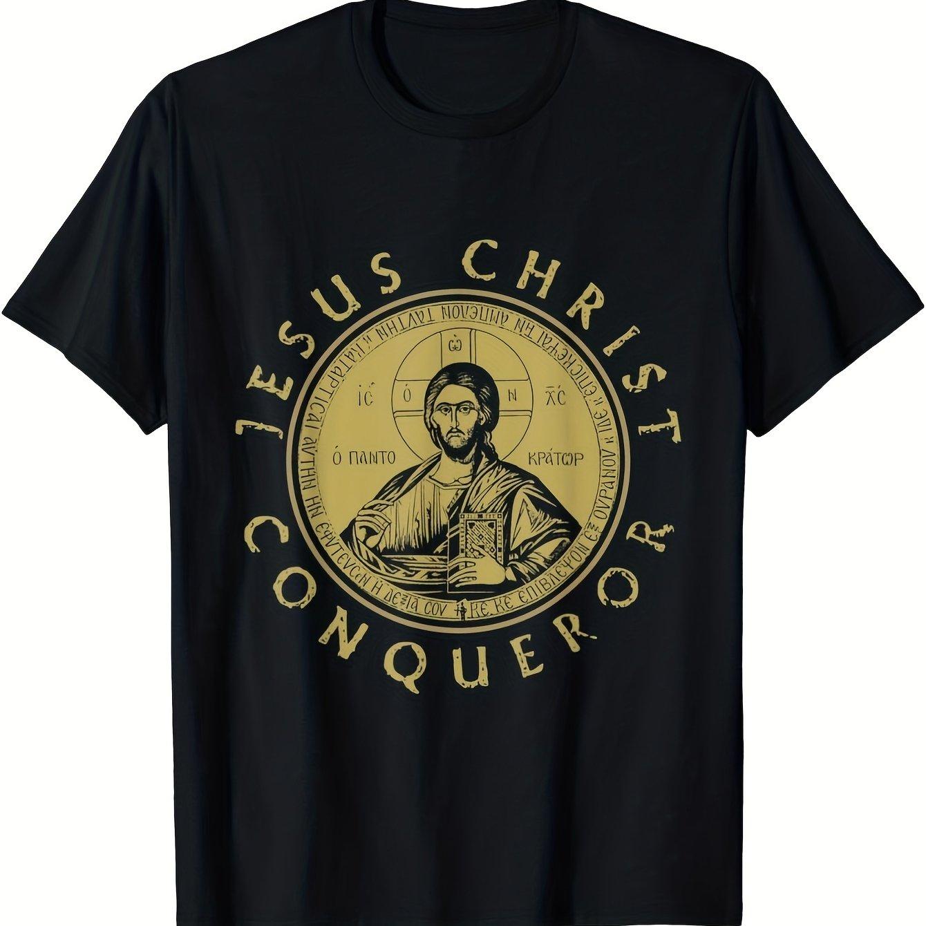 Unisexs Vintage Jesus Christ Conqueror TShirt Orthodox Christian Religious Graphic Tee with Jesus Christ Conqueror S