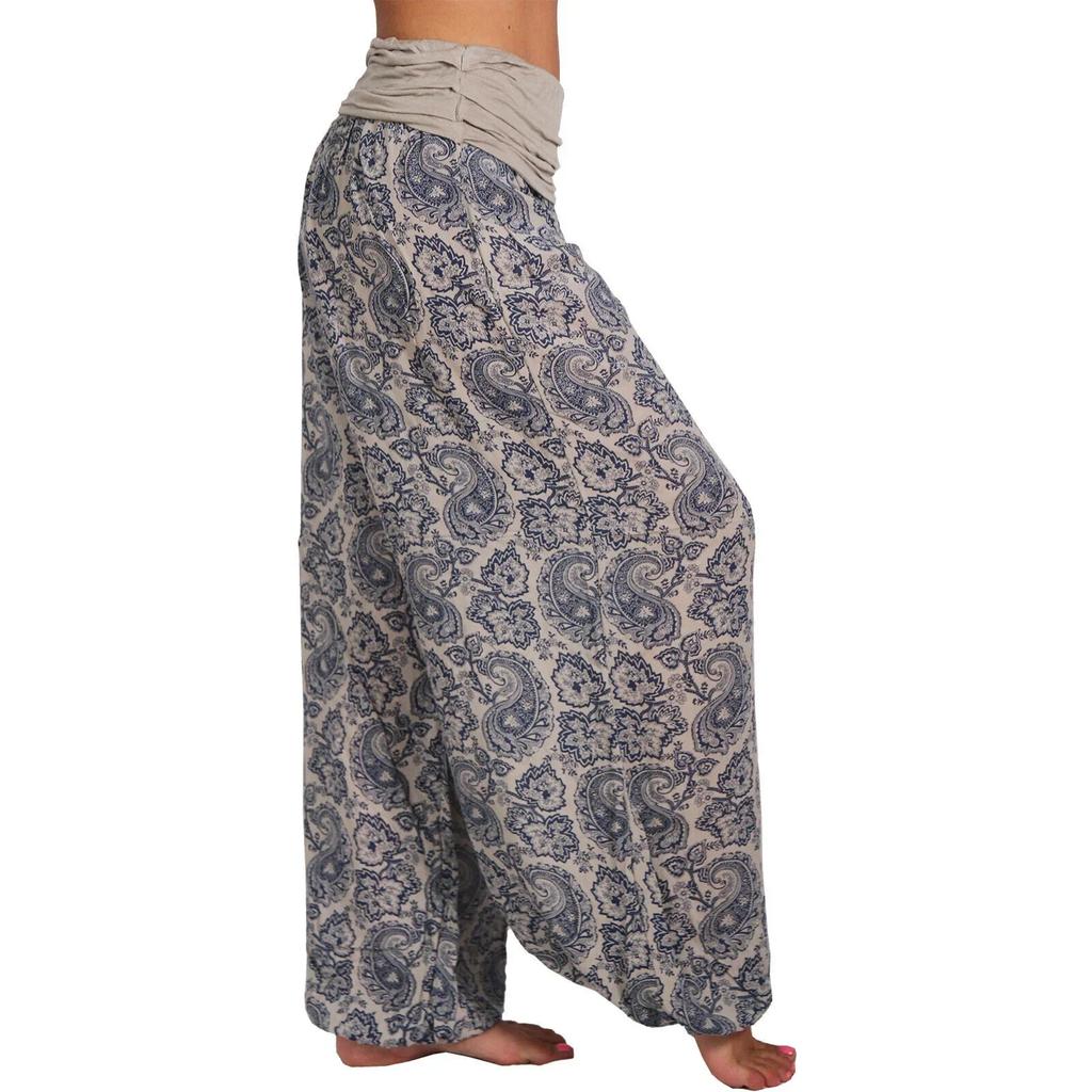 Damskie Bohemian Haremki Elastyczny Pas Szeroka Nogawka Długie Spodnie Vintage Wzór Spodnie Damskie Luźne Rybaczkowe Damskie Streetwear