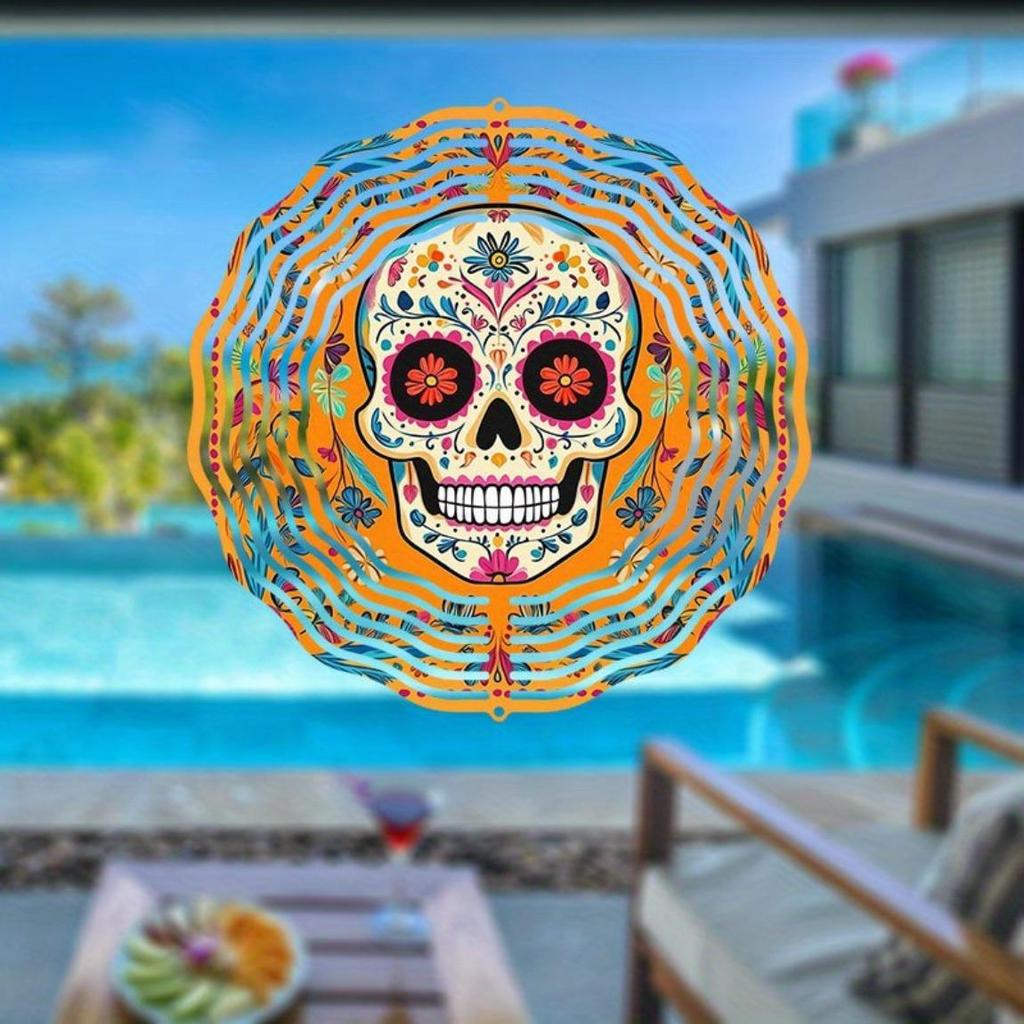 Żywy Dzwonek Wietrzny Czaszka ze Wzorami Kwiatowymi Kolorowy Metalowy Zewnętrzny Wiszący Dekor do Ogrodu Patio Podwórka Trwałe Dzwonki Wietrzne na Zewnątrz