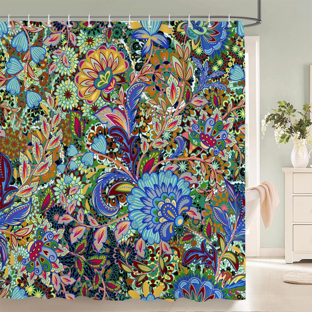 Duschvorhänge im Bohème-Stil Mandala Boho Blumen- und Pflanzendruck Badezimmervorhänge Wasserdichter Polyester Duschvorhang