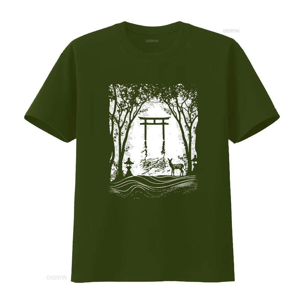 Japanese Style T Shirt with Floating Torii Gate Japan Shinto Shrine Deer Miyajima Nature Print for Men in Various Sizes