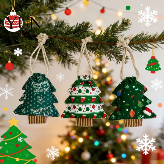 Large Small Storage Christmas Tree Shaped Gift Bags with Drawstring, Reusable Holiday Fabric Bags, Printed Winter Goodie Pouches for Present Wrapping,