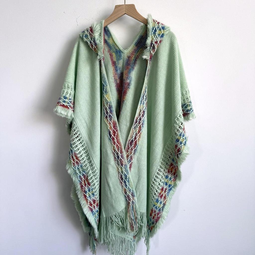 Bohemian Ethnic Hooded Shawl with Tassels - Women's Knitted Cardigan Cape