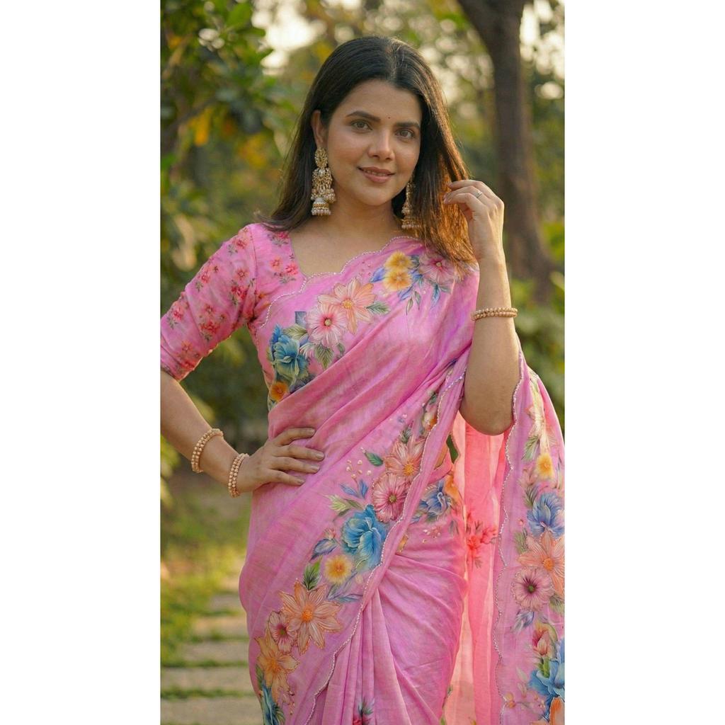 Soft Chinon silk saree floral digital print with beautiful handwork and hand work with cut-work  border