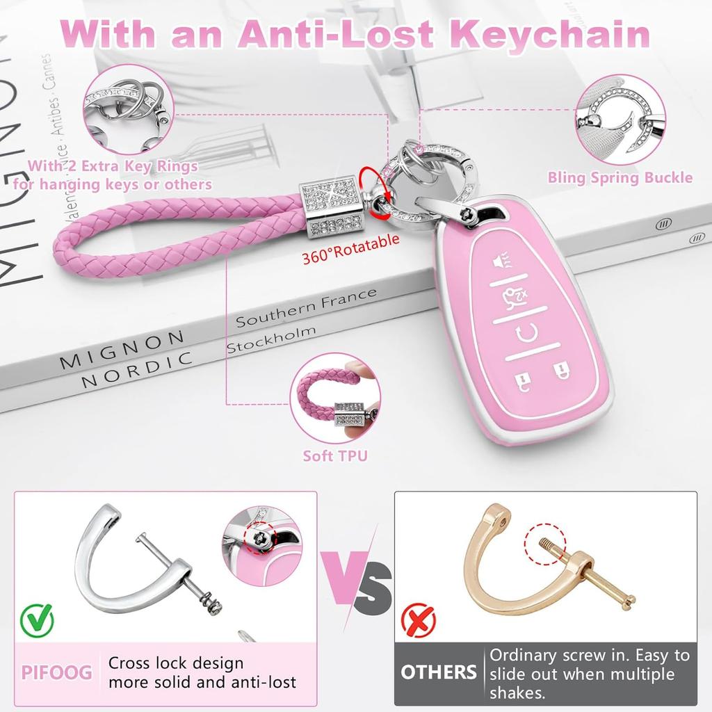 PIFOOG Key Fob Cover Fit for Chevy Pink 5 Button Car Keys Case Shell Bling Keychain Accessories Fits for Malibu Equinox Blazer Traverse Camaro Cruze