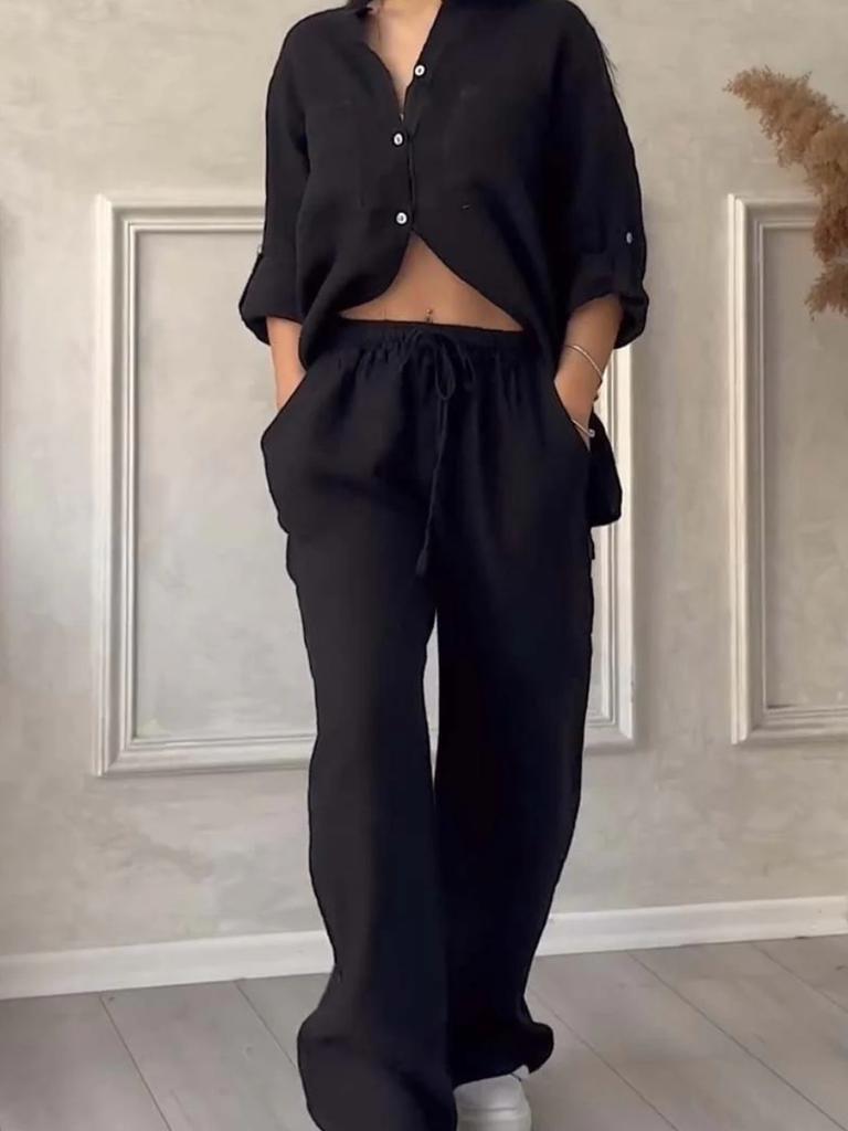 New Women's Solid Color One-Button Long Sleeve Shirt Two-Piece Set Wide Leg Pants with Tie Waist Trousers for Women