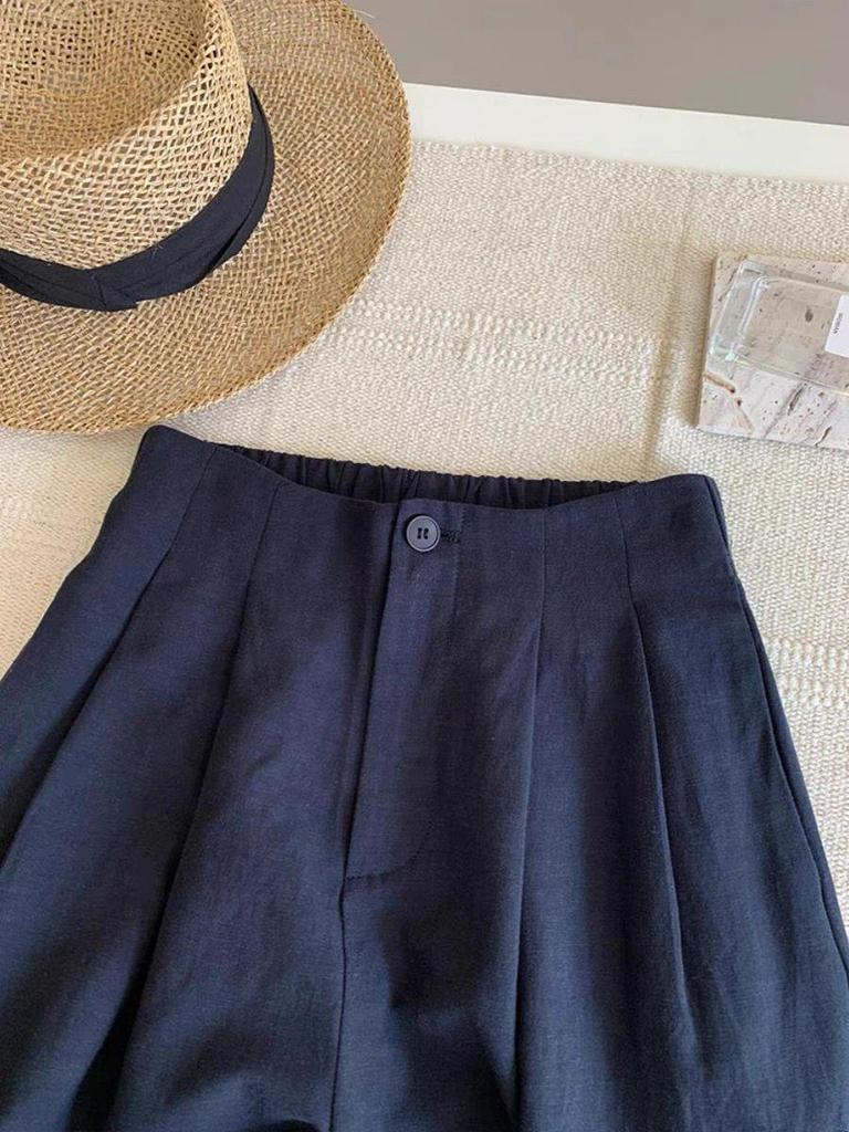 Ultra-Comfortable Dark Blue Cotton & Linen Elastic Waist Summer Pants for Women