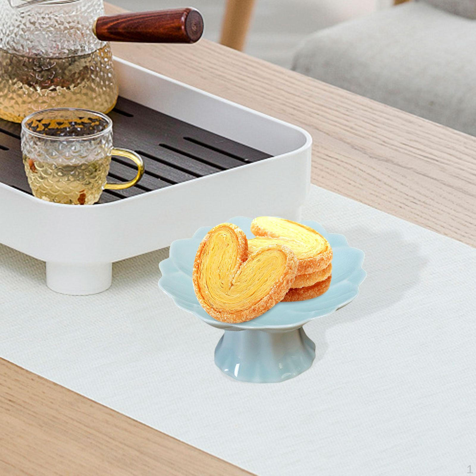 

Ceramic Bowl with Base, Decorative Snack Tray in Lotus Design for Living Room And Kitchen cyan blue