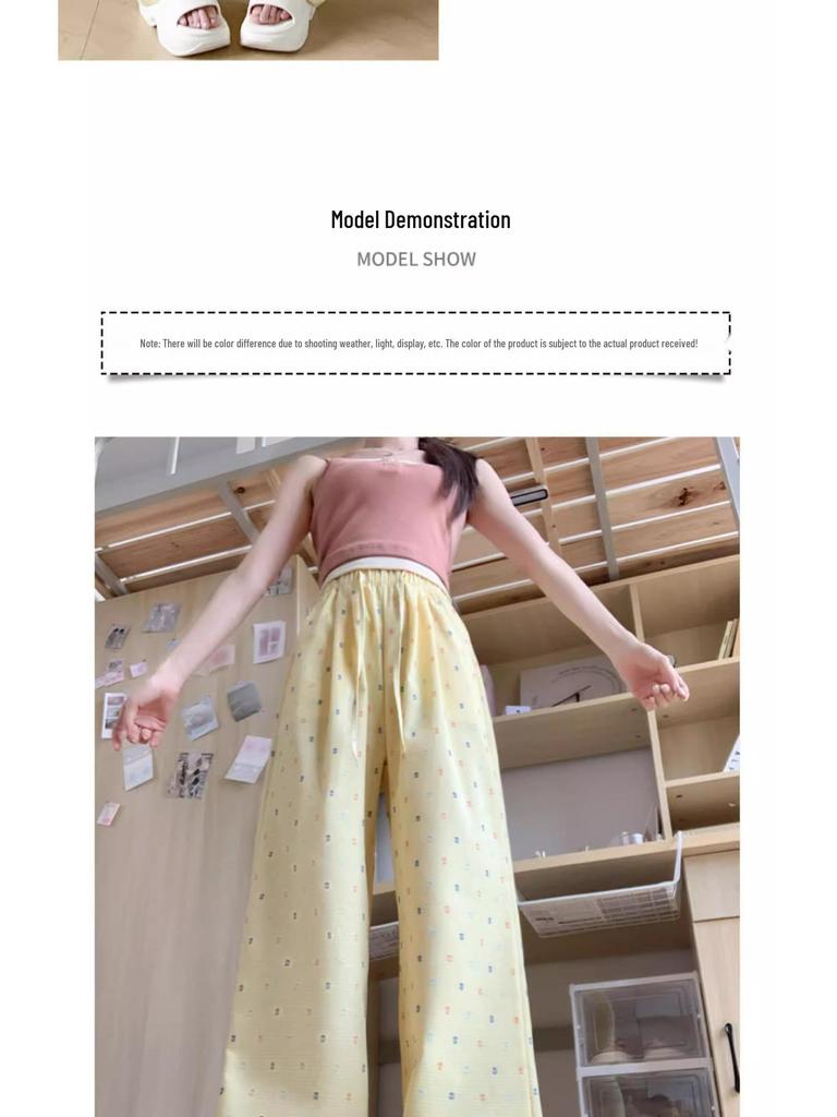 Women's High Waist Blue Polka Dot Straight Leg Pants - Summer Petite Ice Silk, 145-150cm, Wide Leg Design.