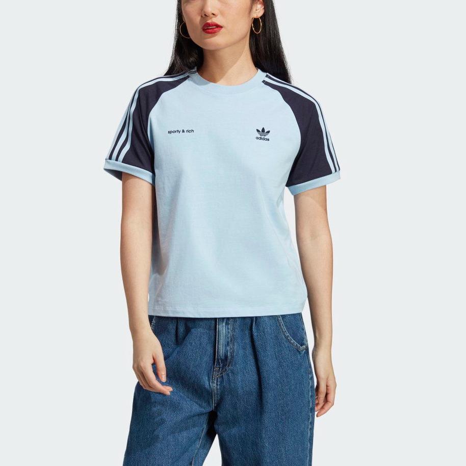 Adidas Originals X Sporty & Rich SS23 Striped Contrast Logo Print Crop Loose Casual Short Sleeve T-Shirt Women Tops Blue IN5250